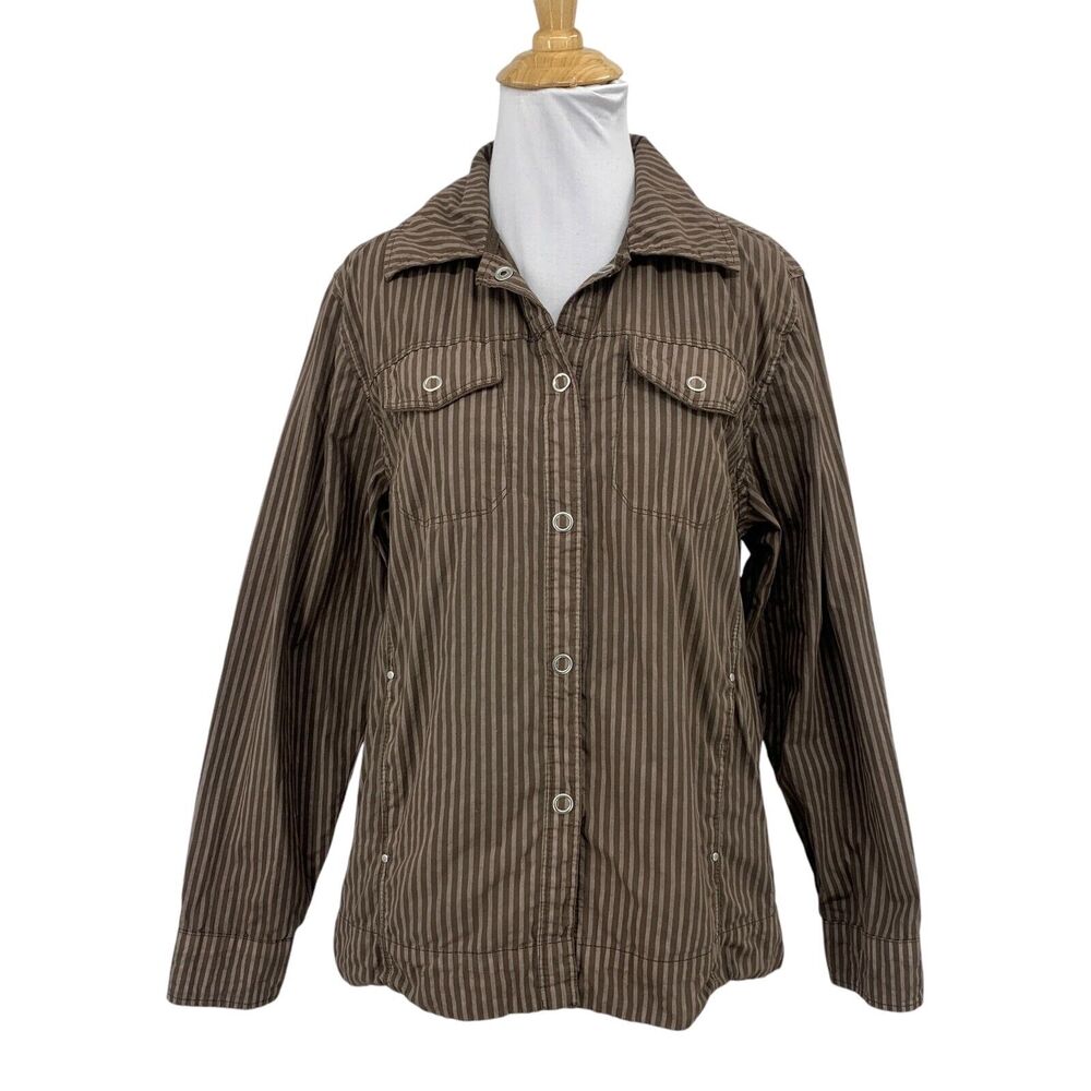 Fresh Produce Shirt Women Medium Chocolate Pinstriped Snap Buttons Gathered Back